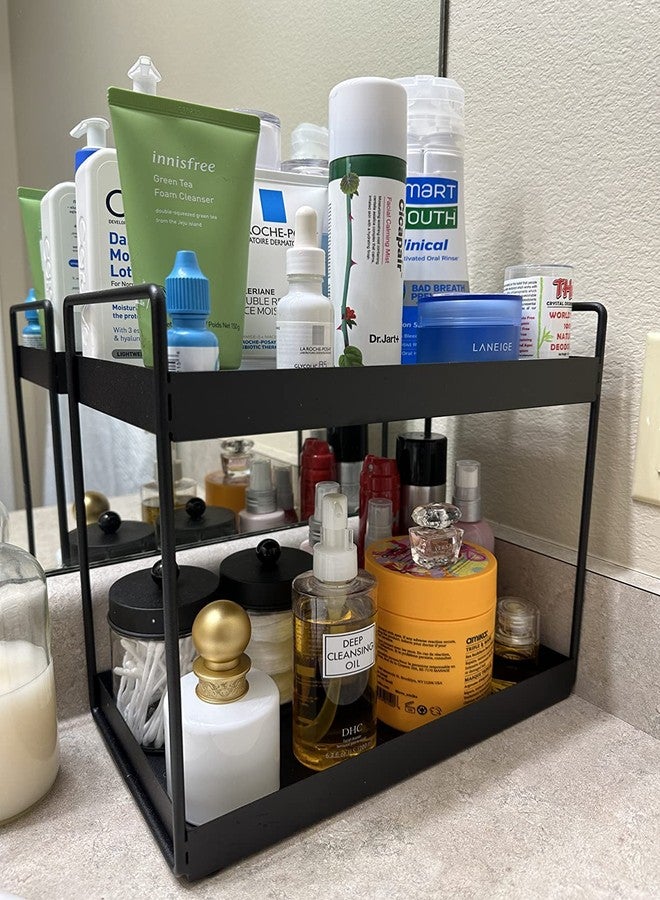 CR18 COLLECTION MULTIPUPOSE Bathroom Countertop Organizer, 2-Tier Vanity Tray Corner Shelf, Cosmetic Makeup Counter Standing Storage, Detachable Organizer Shelf Holder Kitchen(Black, Metal) - Image 1